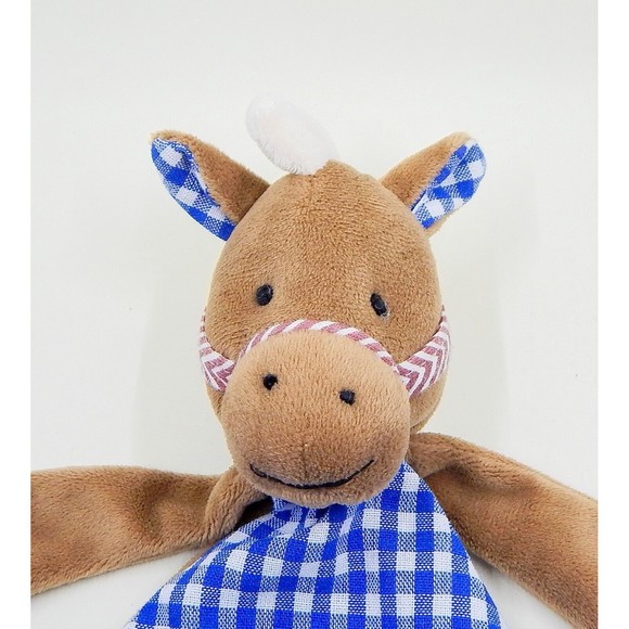 Maison Chic Horse Pony Blue Gingham Check Lovey Security Blanket Pacifier Holder - Picture 5 of 8